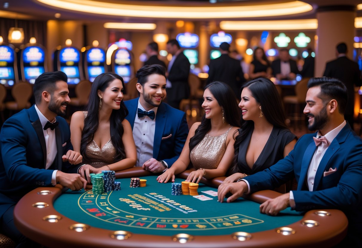 Couples enjoying casino games and drinks in a lively casino setting.