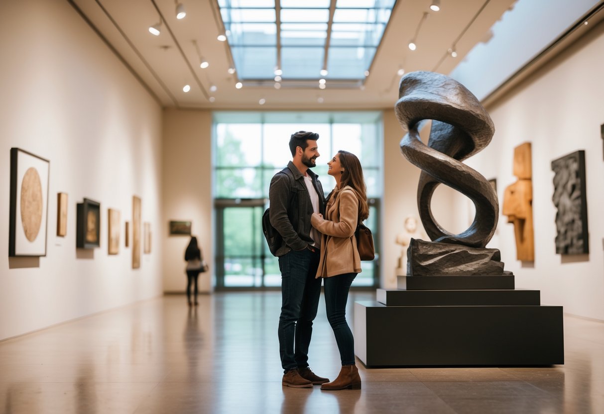A young couple admiring art inside the Birmingham Museum of Art gallery.