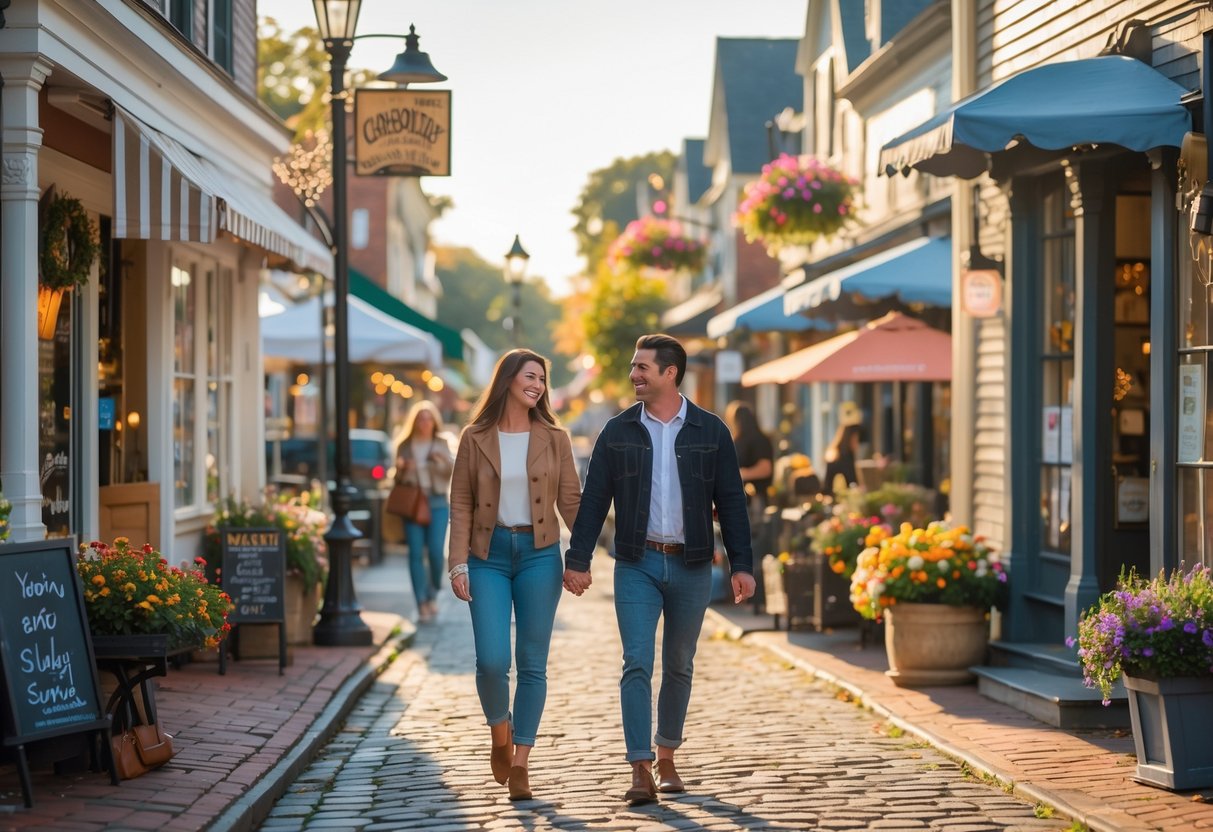 A couple walking hand in hand along a cobblestone street lined with charming shops and flowers in New Hope.