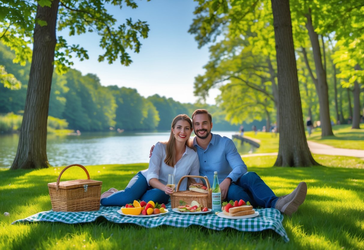 A couple enjoying a picnic on a blanket in a green park near a lake surrounded by trees on a sunny day.