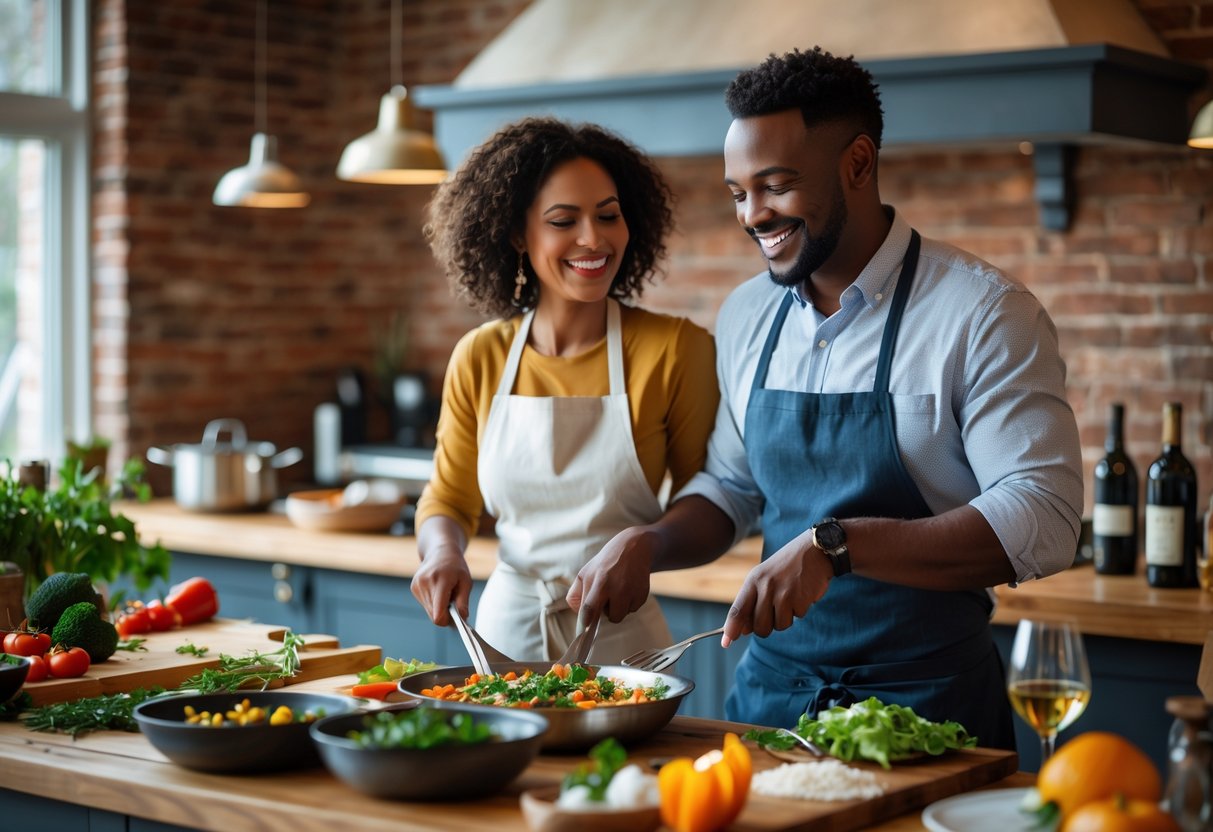 A couple cooking together in a cozy kitchen, preparing a meal with fresh ingredients and smiling warmly.