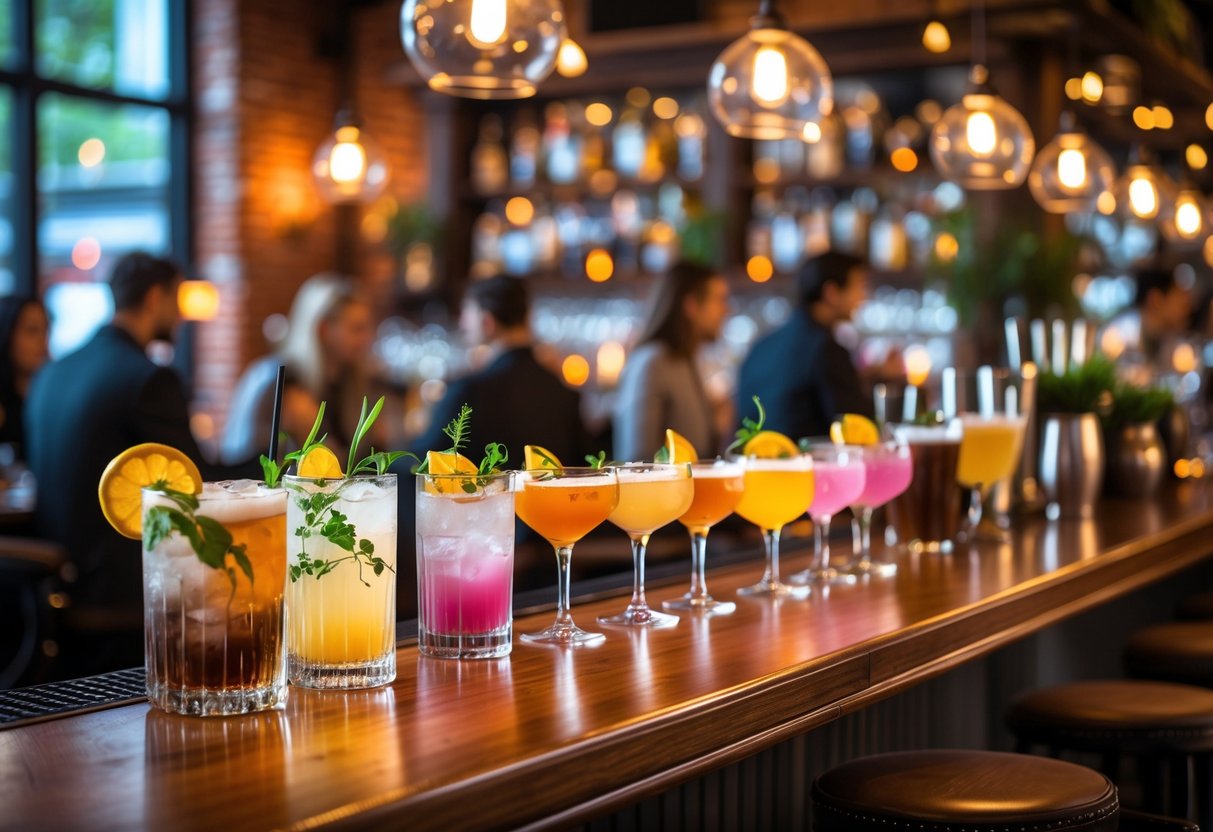 A cozy bar interior with a wooden counter displaying colorful craft cocktails and softly glowing lights, with people enjoying drinks in the background.