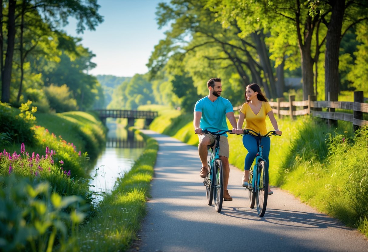 A couple riding bicycles together on a tree-lined path beside a calm canal in a green natural setting.