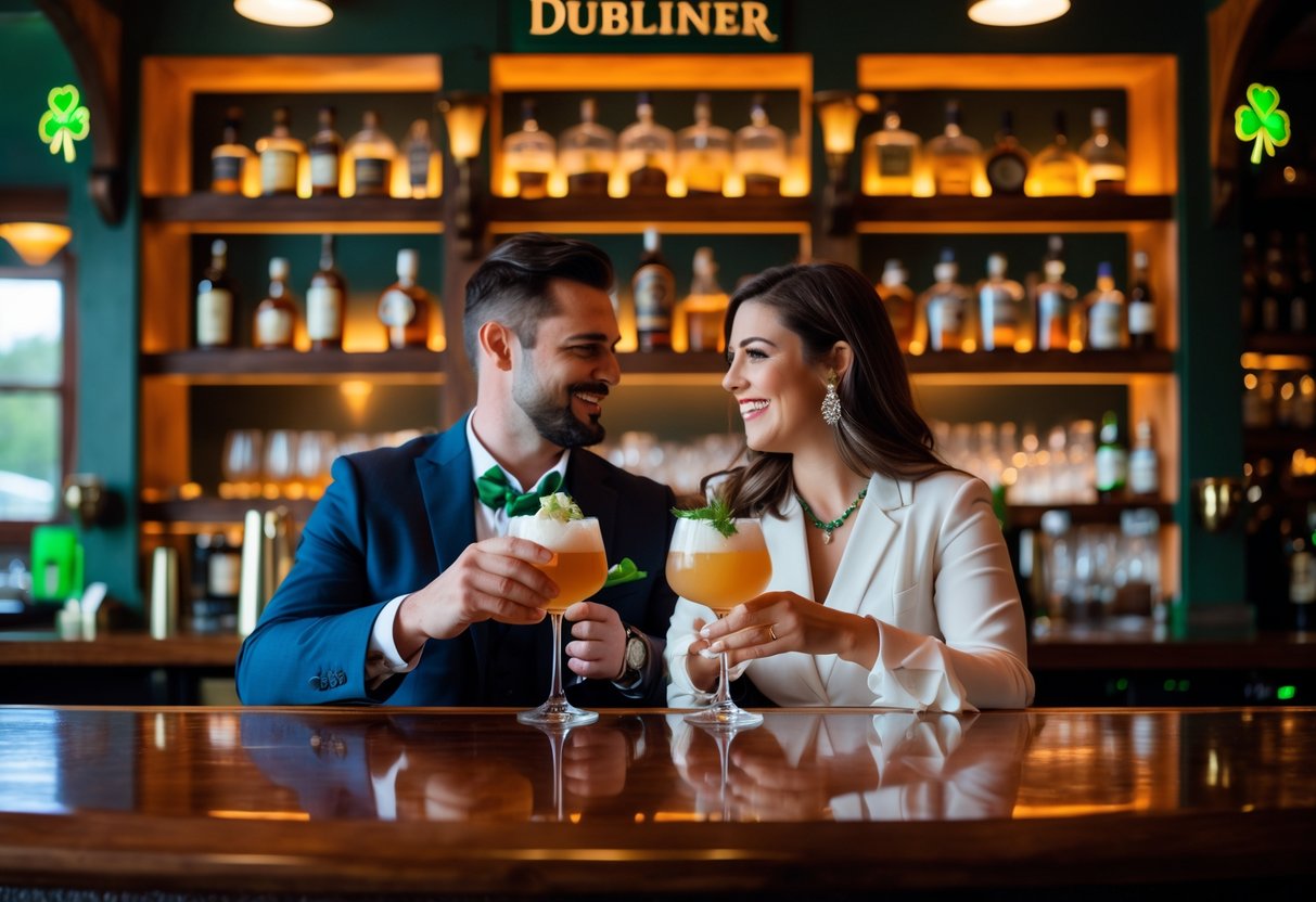A couple enjoying cocktails together at a cozy bar with warm lighting and shelves of liquor bottles in the background.