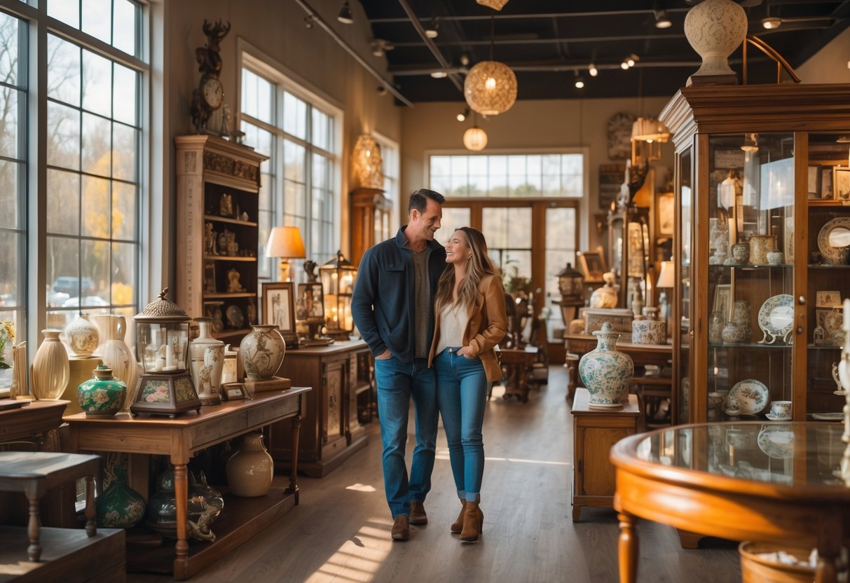 A young couple browsing antiques together inside a bright and cozy antique mall.