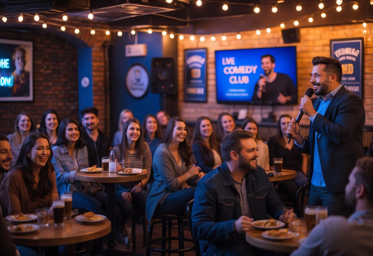 People enjoying a live comedy show in a cozy club with a comedian performing on stage.