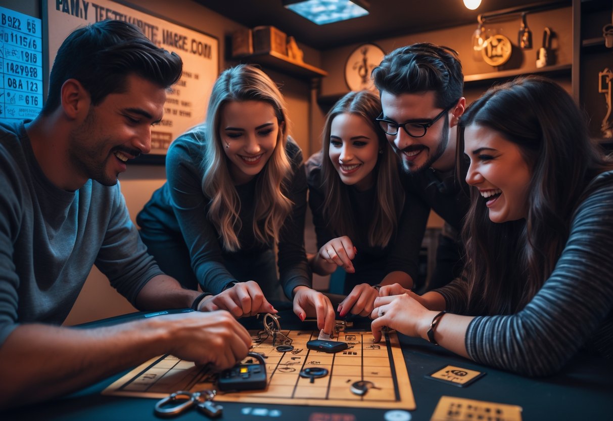 Four young adults working together on puzzles inside an escape room, focused and enjoying the challenge.