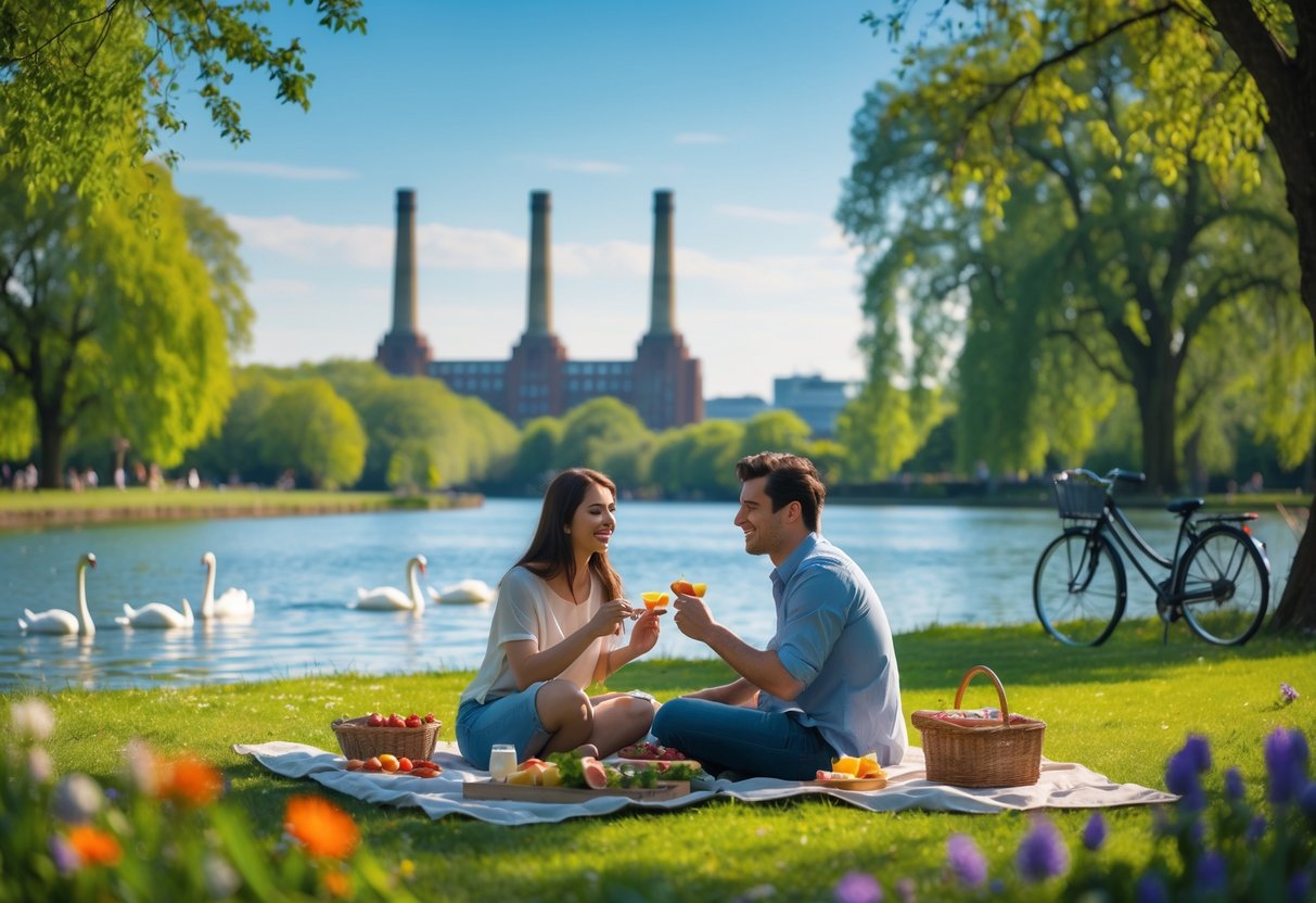 A young couple enjoying a picnic near the lake in Battersea Park with trees and Battersea Power Station in the background.