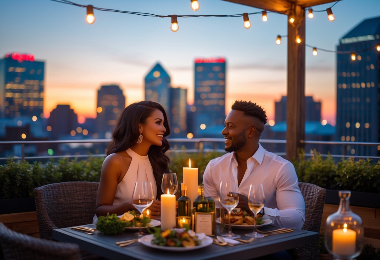 A couple enjoying an outdoor dinner on a rooftop terrace with the Birmingham city skyline in the background at sunset.