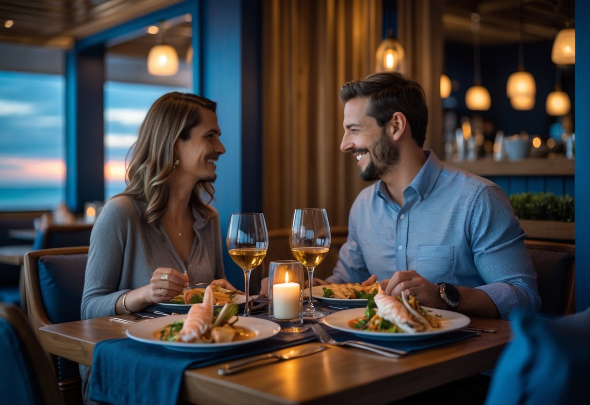A couple enjoying a romantic dinner at a seafood restaurant with warm lighting and elegant table settings.