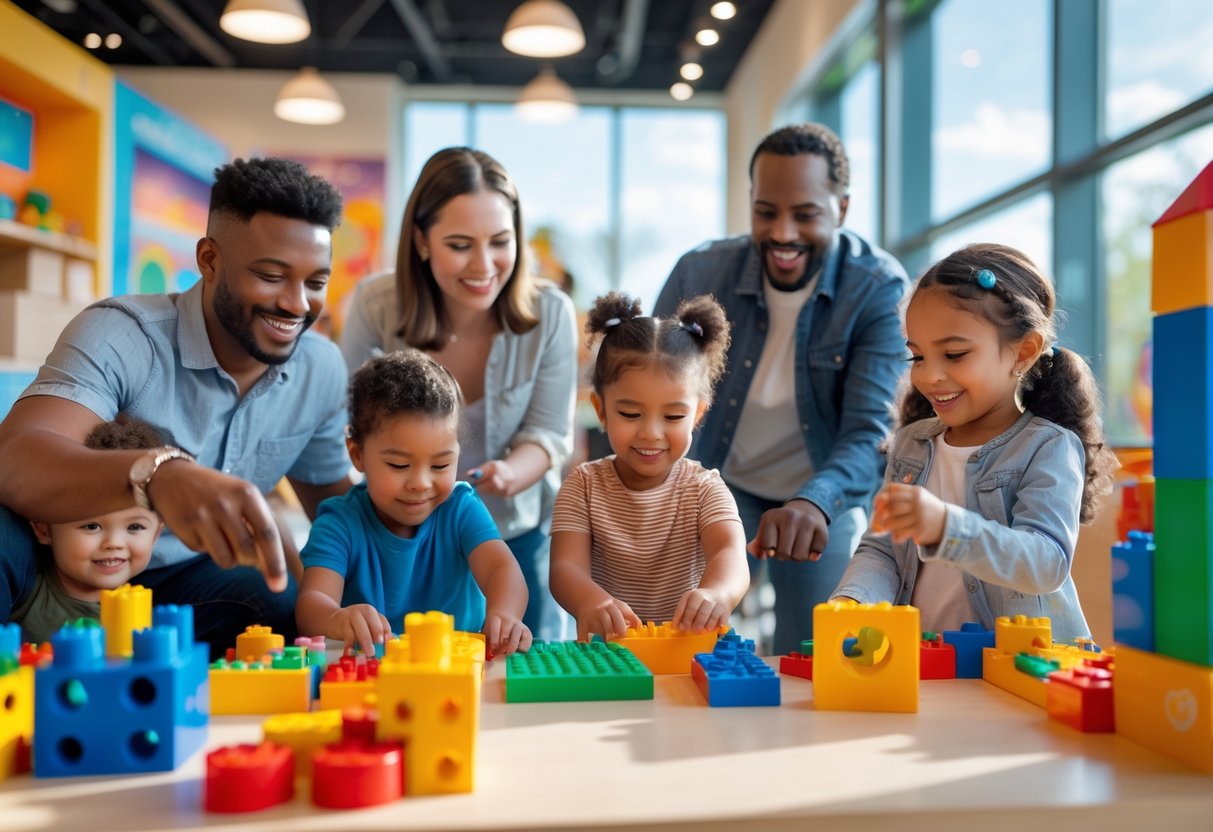 Families and children enjoying interactive exhibits together at a children's museum.