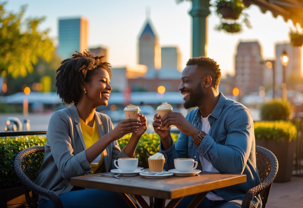 A couple enjoying a romantic outdoor café date with city landmarks visible in the background during sunset.