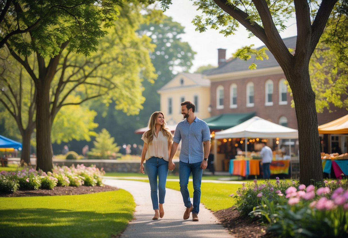 A couple walking hand in hand along a tree-lined path in a park with flowers and a historic building in the background.