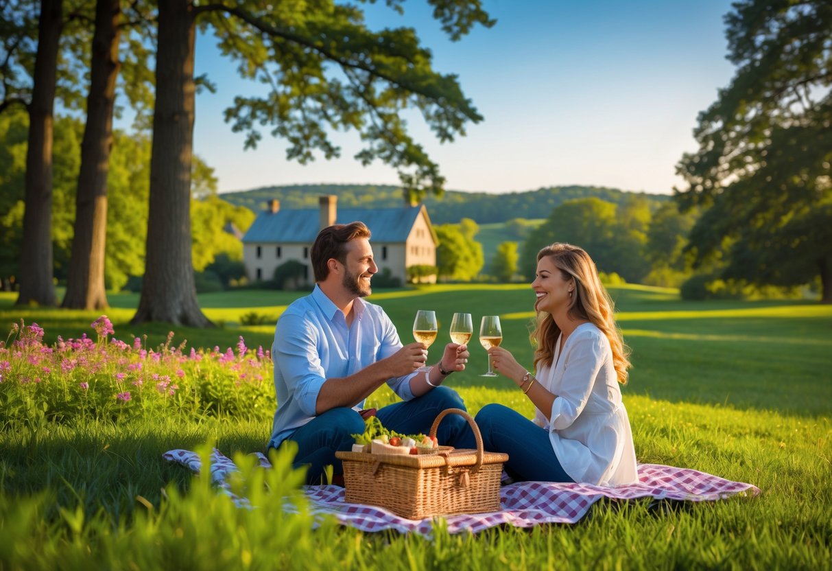 A couple enjoying a picnic together in a green park with trees and a farmhouse in the background.
