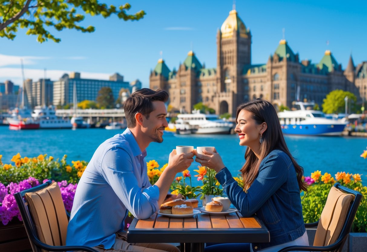 A young couple sitting at an outdoor café near Victoria's Inner Harbour, with historic buildings and boats in the background on a sunny day.