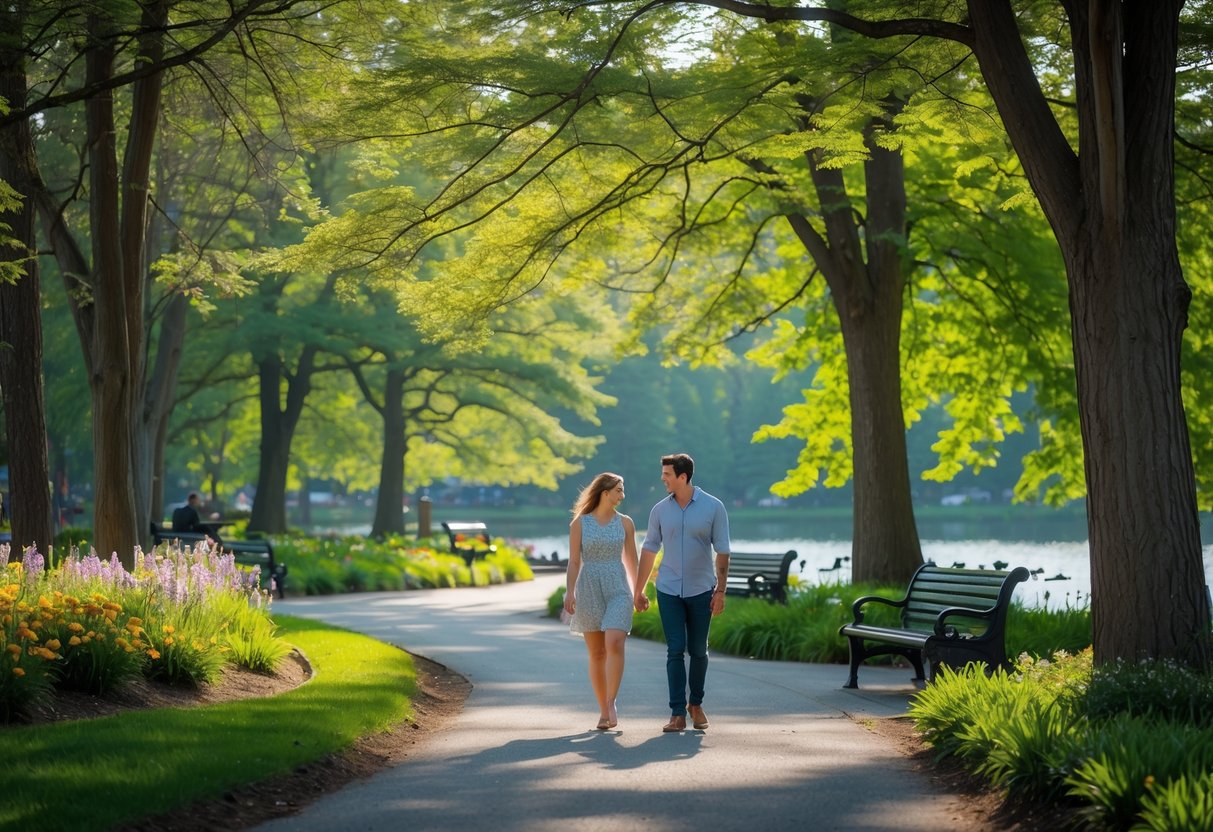 A couple walking hand in hand along a tree-lined path in a lush park with flowers and a pond nearby.
