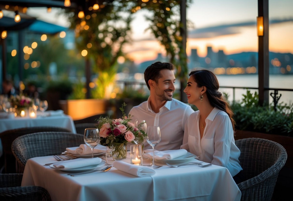 A couple enjoying a romantic dinner at an outdoor terrace with warm lighting and a cozy atmosphere.