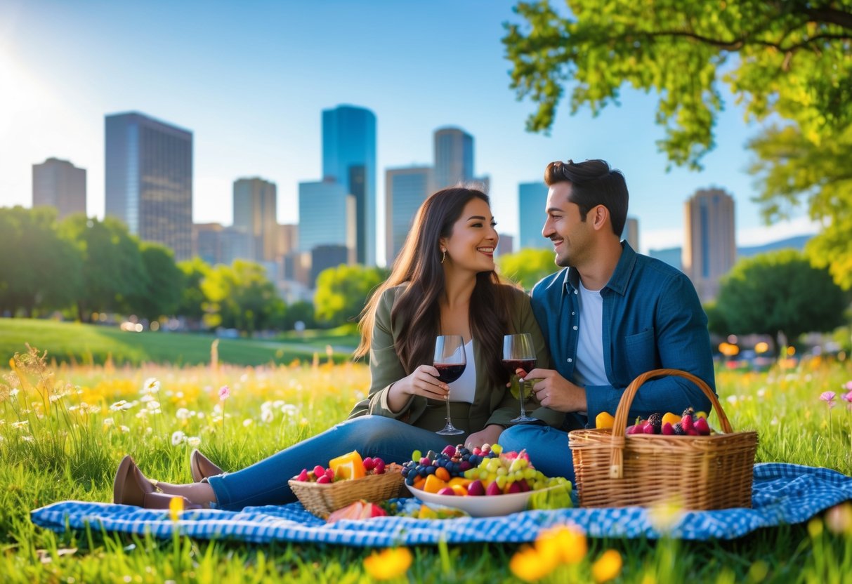 A young couple enjoying a picnic in a park with the Denver skyline and mountains in the background.