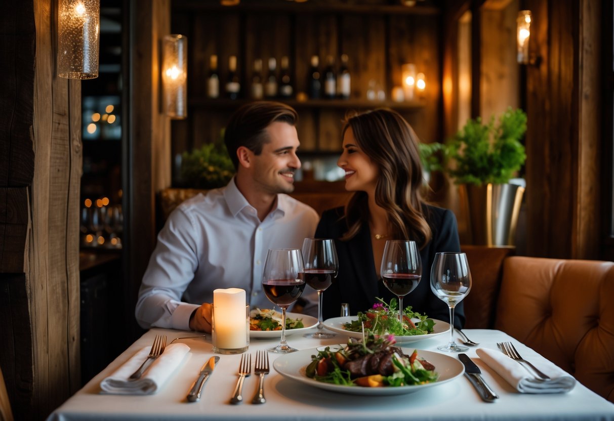 A couple enjoying an intimate dinner at a cozy bistro table with wine and candles.