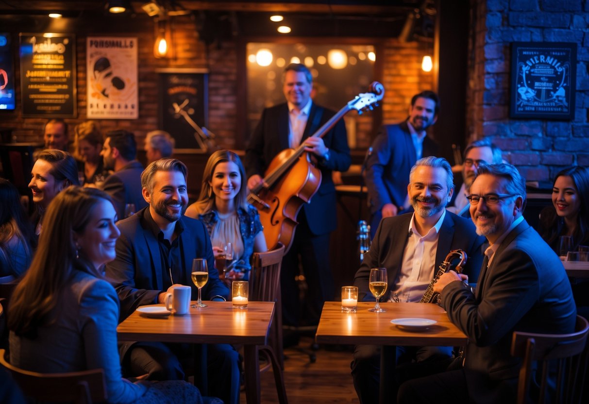 People enjoying live jazz music at a cozy indoor jazz club with a band performing on stage and an engaged audience seated at tables.