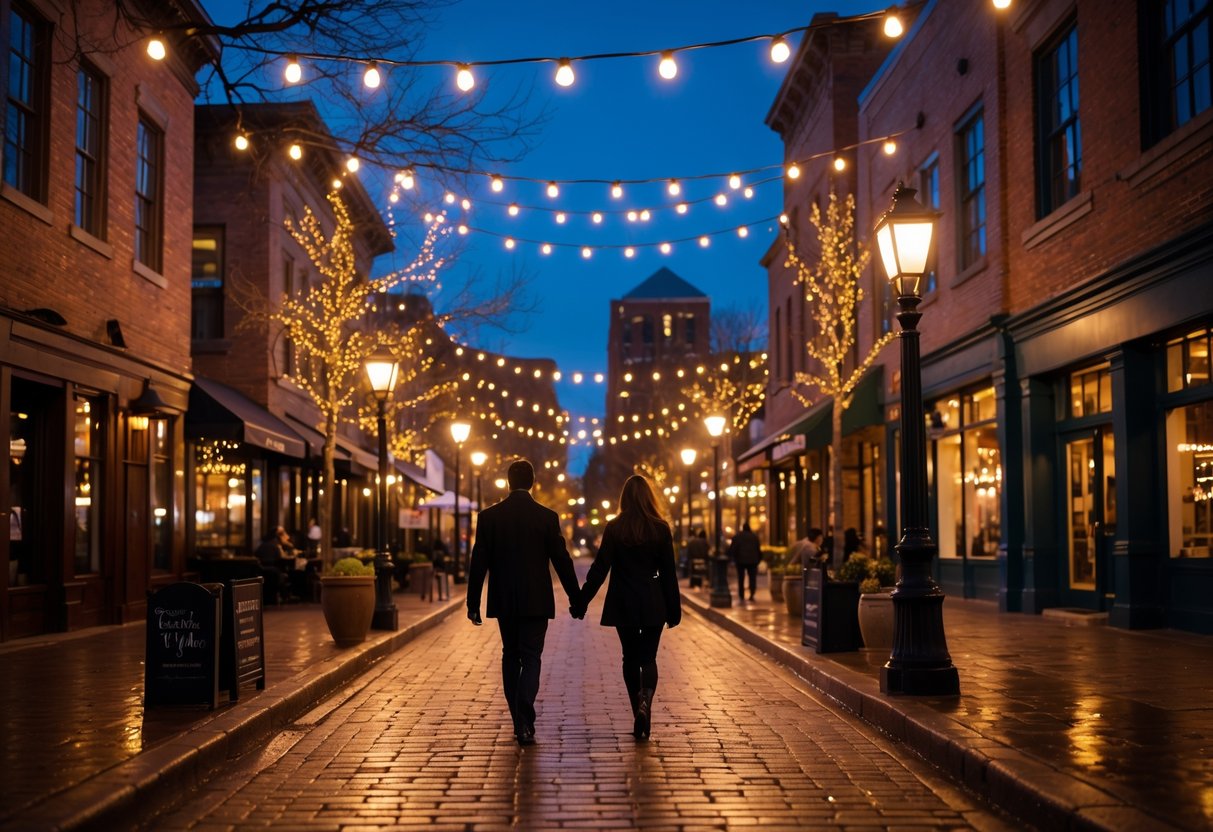 Couples walking along a lit cobblestone street at night in Larimer Square, Denver, surrounded by historic brick buildings and warm street lights.