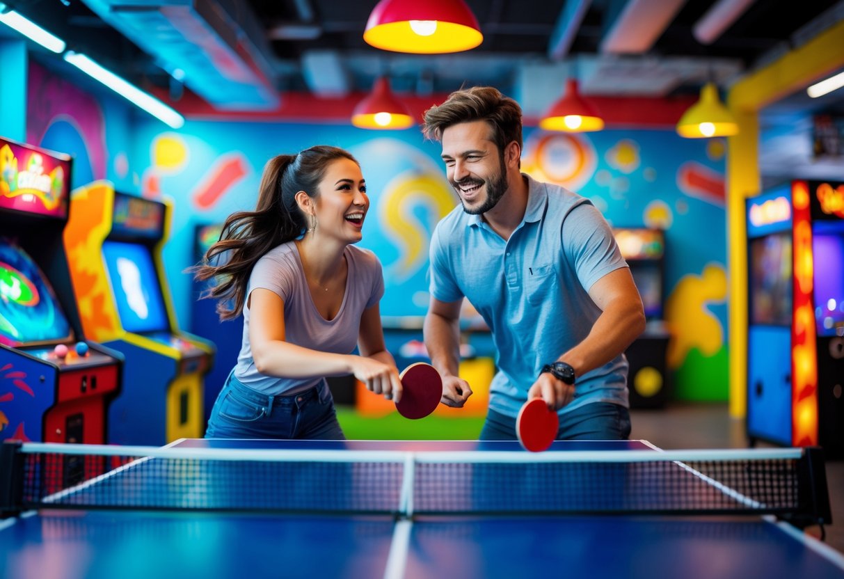 Two young adults playing ping pong together in a colorful arcade setting.