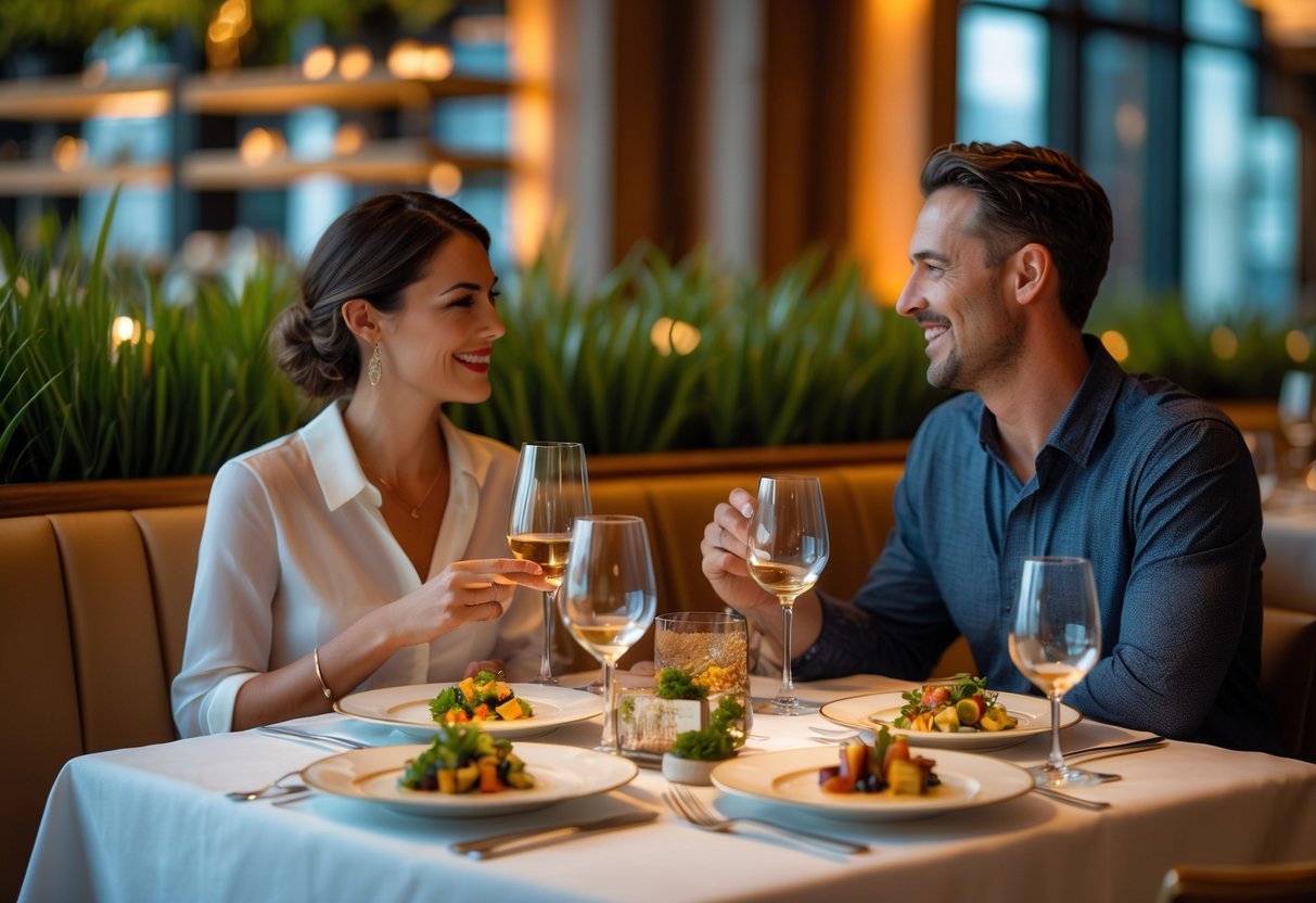 A couple enjoying a tasting menu at a cozy, elegant restaurant table with multiple gourmet dishes.