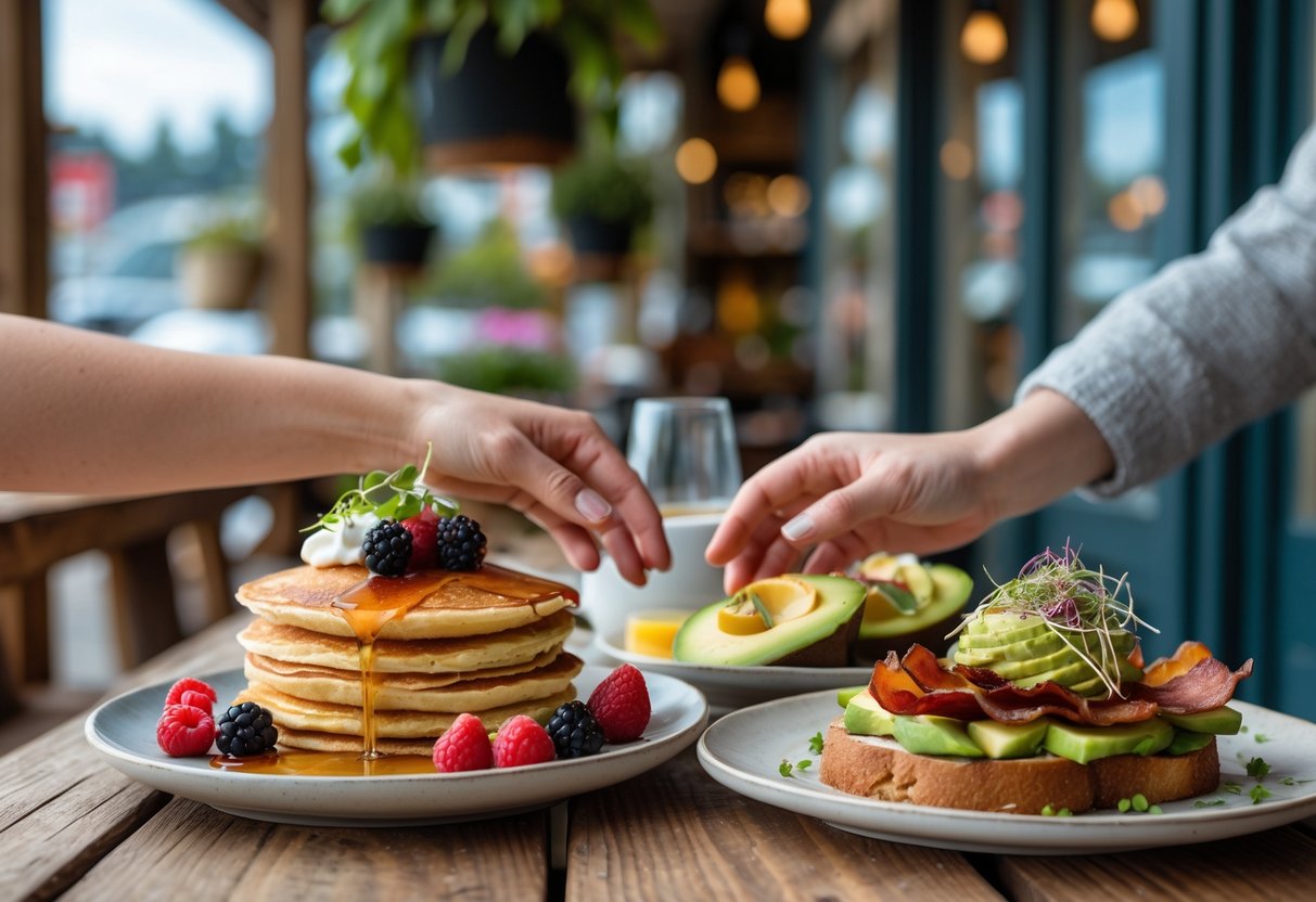 Two people sharing a colorful brunch at an outdoor wooden table at Jam Cafe in Victoria, BC, with plates of pancakes, avocado toast, and bacon.