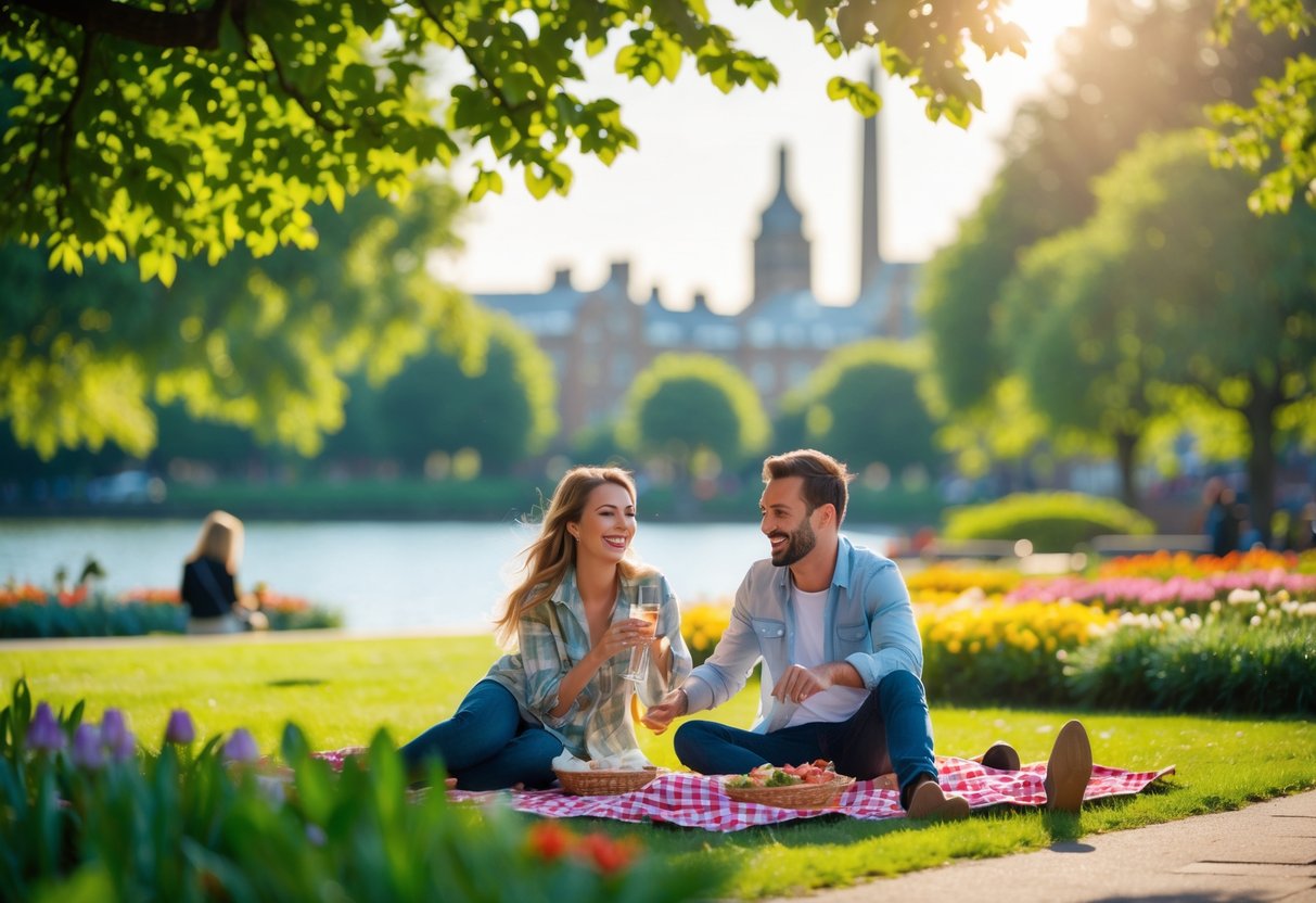 A couple enjoying a sunny day together in a green park with trees, flowers, and a lake, walking hand-in-hand and smiling.