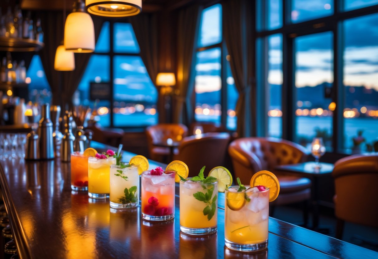A cozy lounge interior with a wooden bar displaying colorful cocktails, plush seating, and warm ambient lighting.