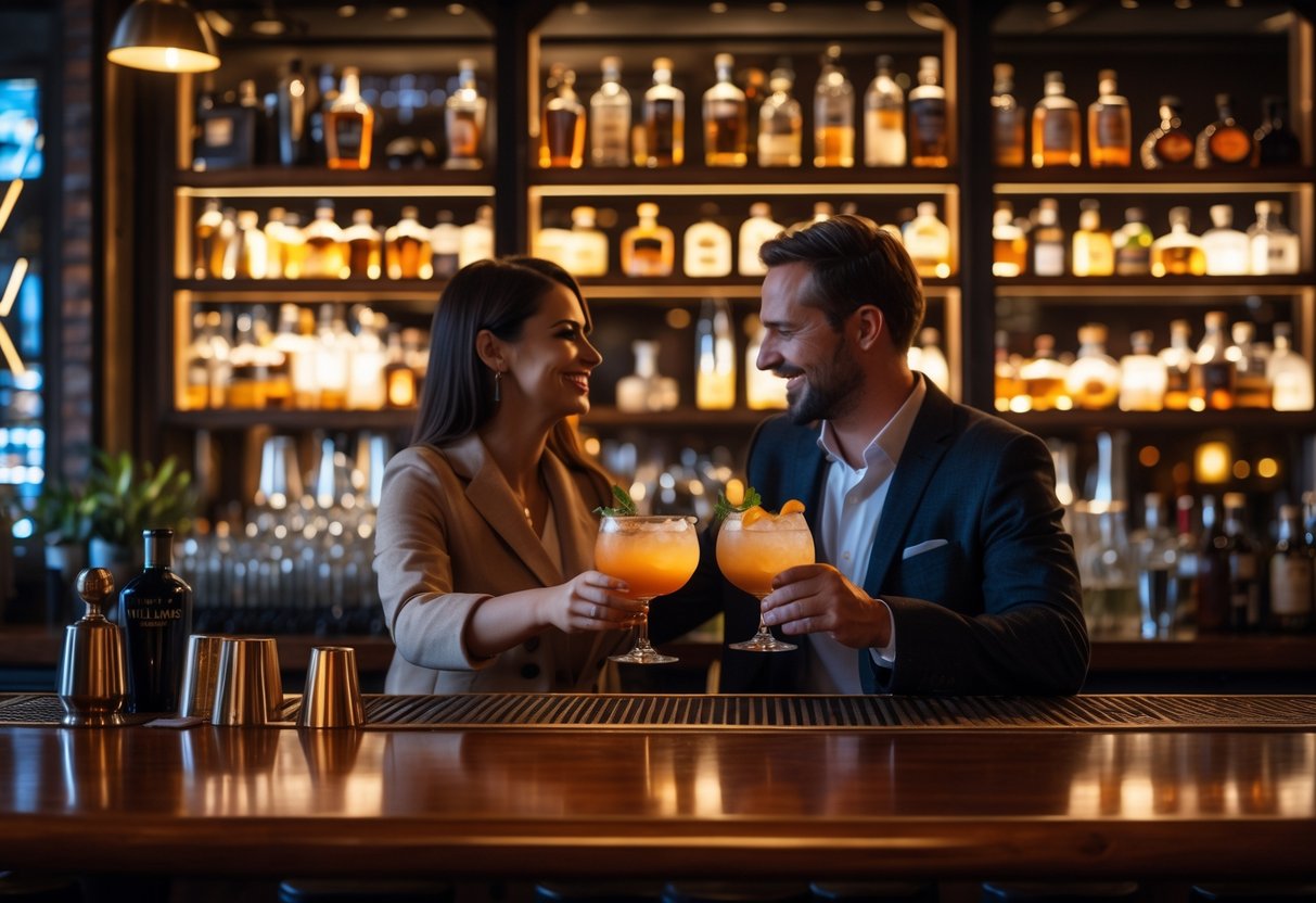A couple enjoying craft cocktails together at a cozy, dimly lit bar with shelves of spirits in the background.