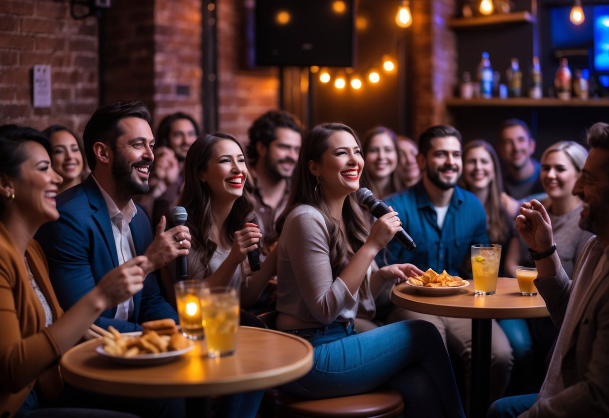 Couples and friends enjoying a comedy show at a cozy comedy club with a comedian performing on stage.