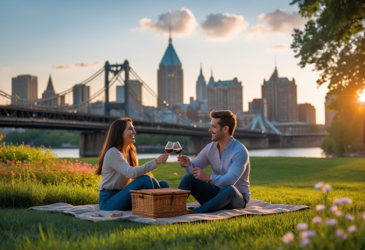 A young couple having a picnic in a park with the Cincinnati skyline in the background during sunset.