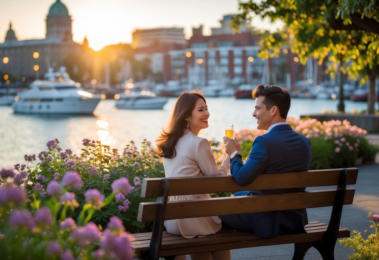 A couple sitting on a bench by the waterfront in Victoria, BC, enjoying a sunset with boats and historic buildings in the background.