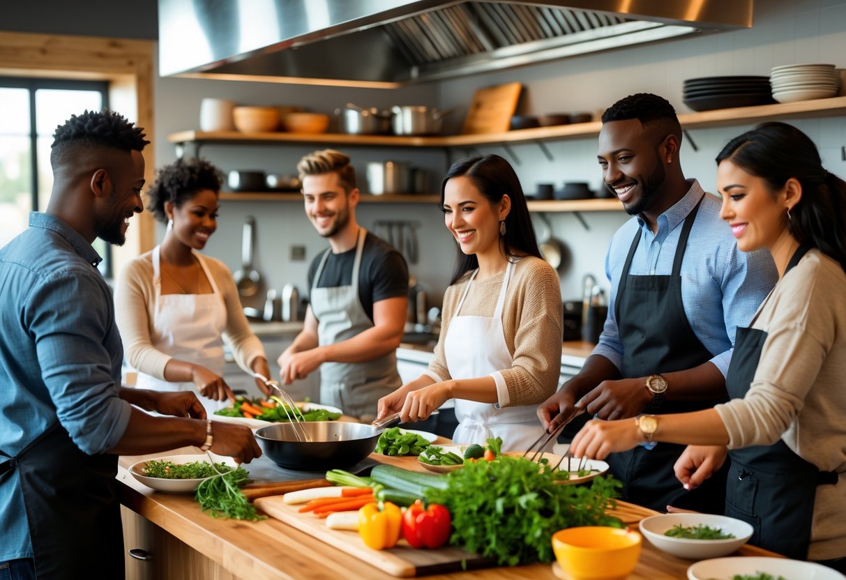 Couples cooking together in a modern kitchen, preparing food and enjoying a cooking class.