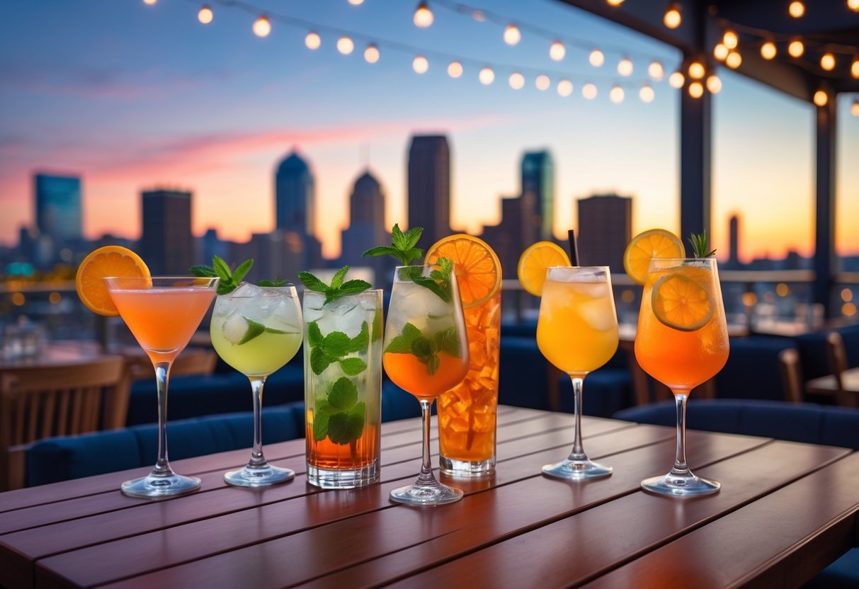 A rooftop bar table with colorful cocktails and a city skyline at sunset in the background.