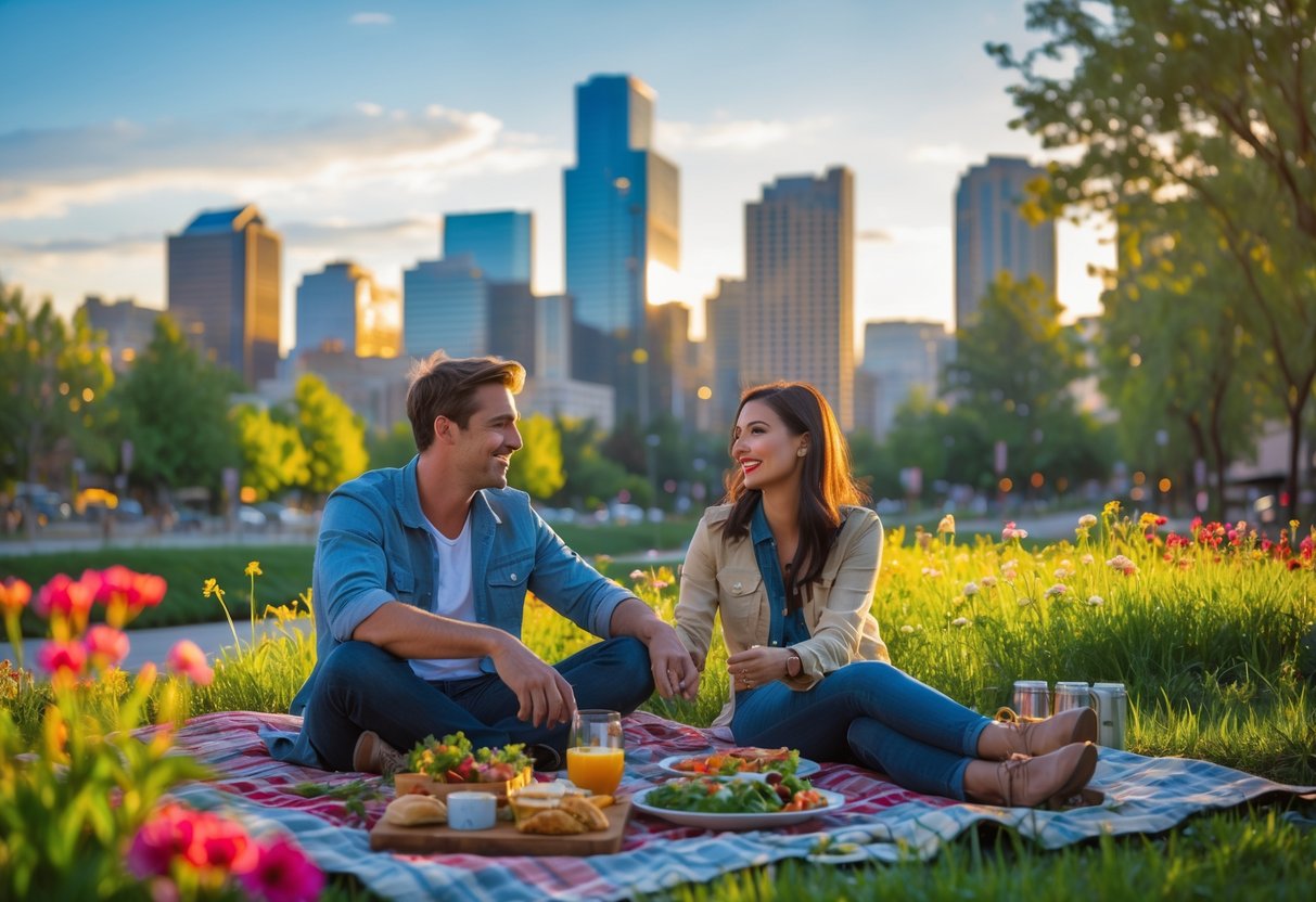 A young couple enjoying a picnic together in a park with the Denver skyline and mountains in the background.