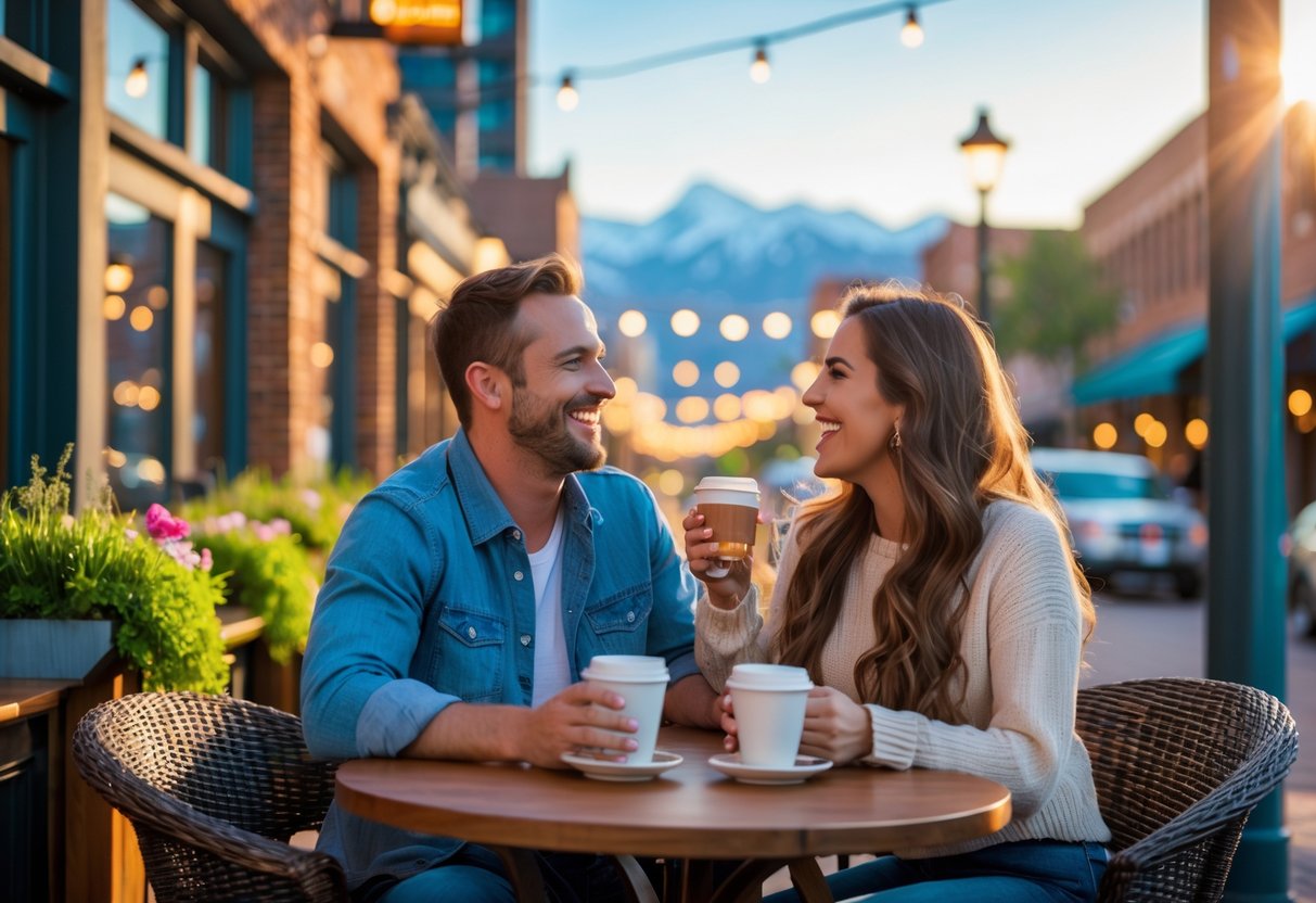 A couple smiling and talking at an outdoor café table on a sunny Denver street with city buildings and mountains in the background.