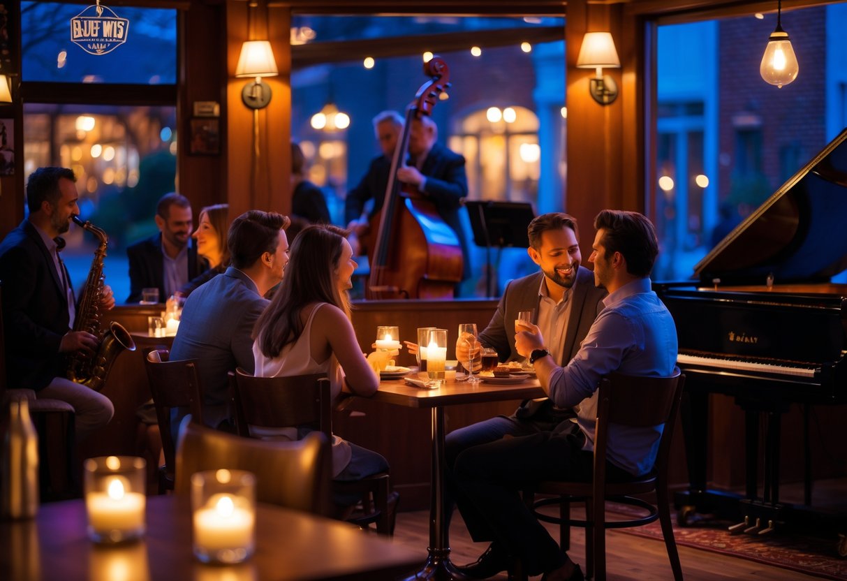A couple enjoying live jazz music at a cozy jazz club with a band playing on stage and warm ambient lighting.