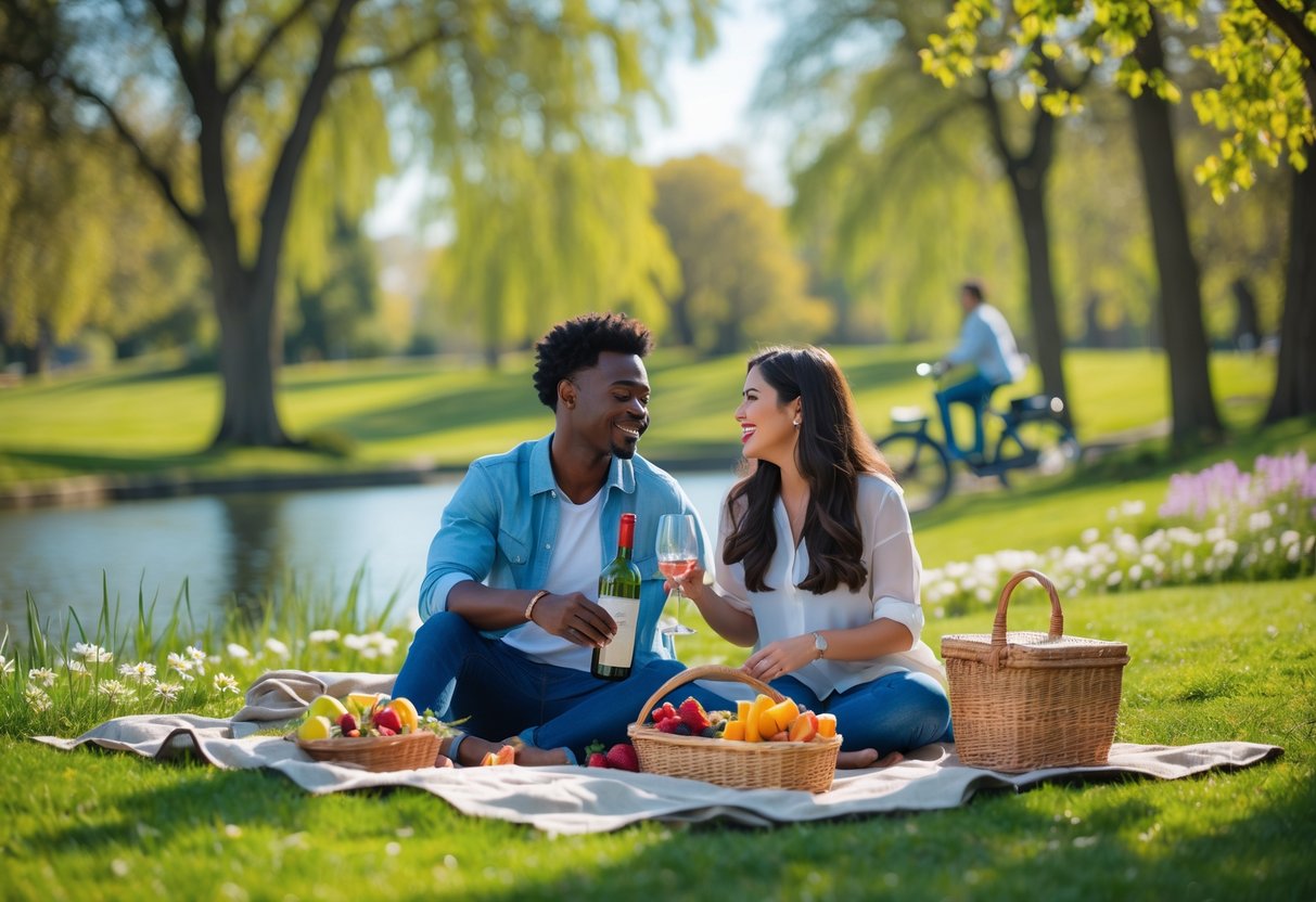 A young couple enjoying a picnic together in a sunny park with trees, flowers, and a lake in the background.