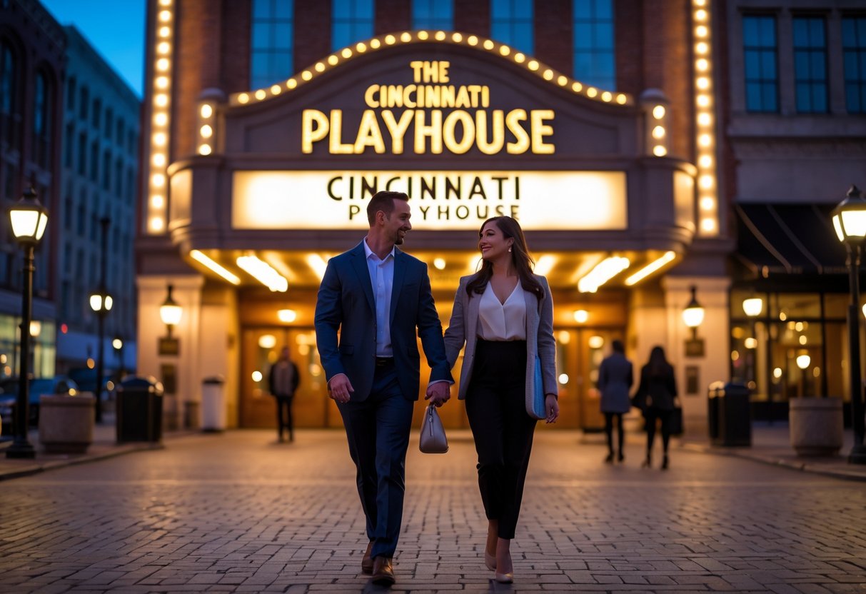 A couple walking hand in hand toward the entrance of the Cincinnati Playhouse theater at night.