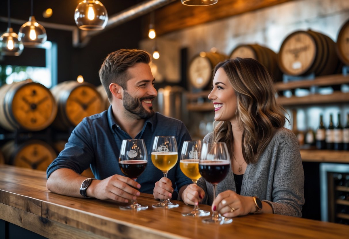 A couple enjoying wine tasting together inside a brewery tasting room.
