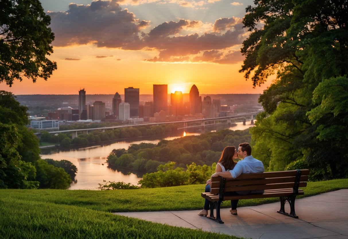 A couple enjoying a sunset view over Cincinnati from a scenic overlook surrounded by trees and hills.