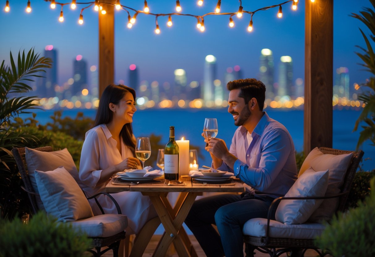 A couple enjoying a romantic outdoor dinner under string lights with a city skyline in the background.
