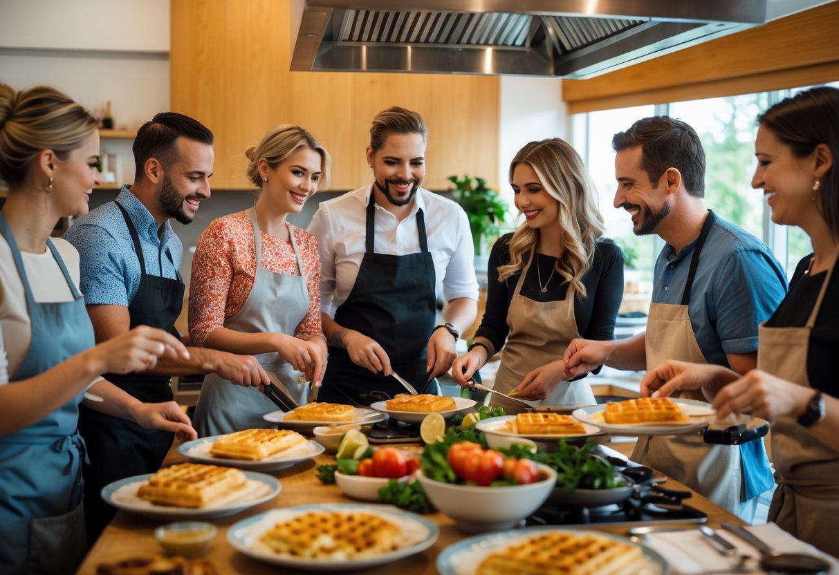 Couples cooking together in a warm kitchen studio, preparing Belgian dishes during a cooking class.