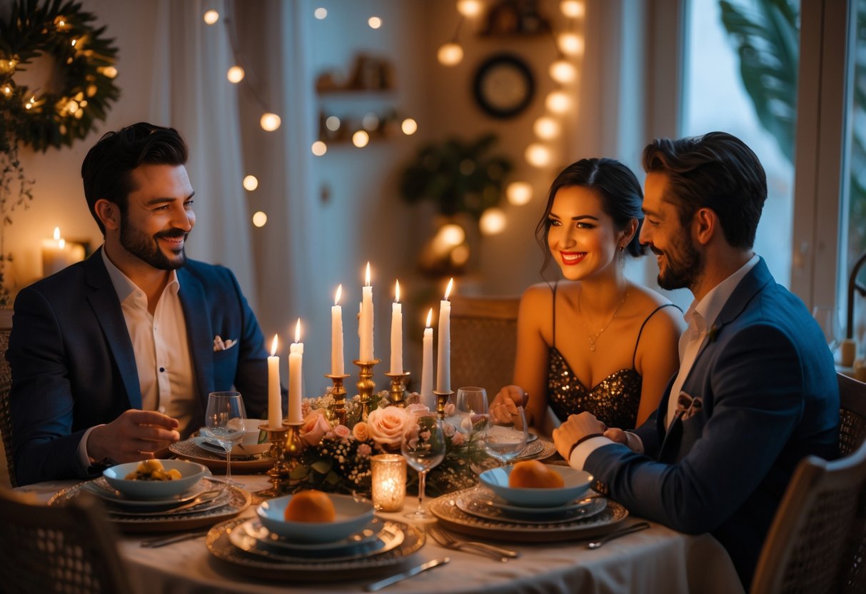 A couple dressed up and sitting at a decorated dining table enjoying a themed dinner date in a cozy room.