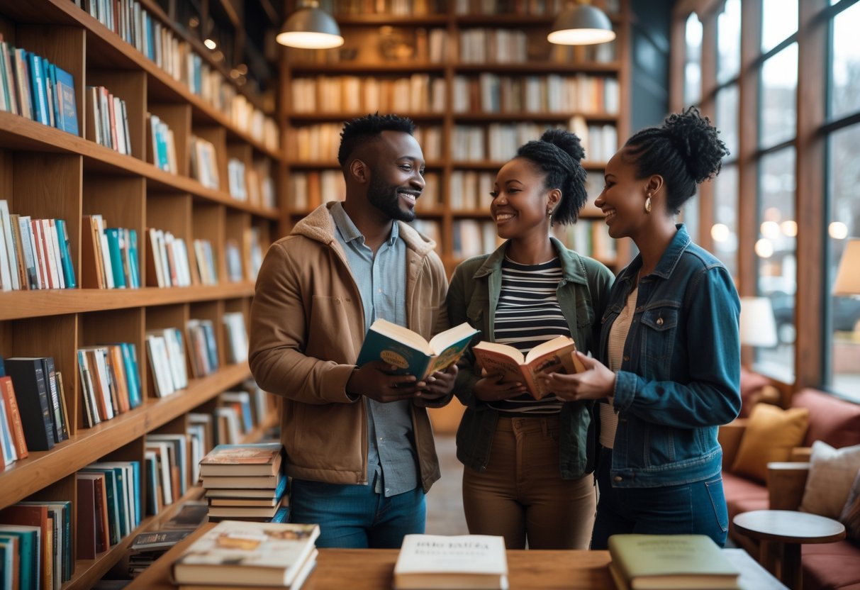 A couple browsing books together inside a cozy bookstore with wooden shelves and warm lighting.