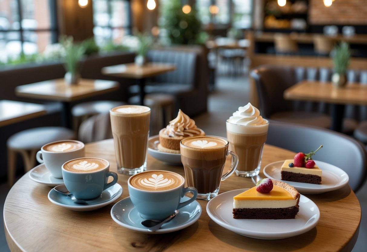 A café table with coffee drinks and assorted desserts in a warm, inviting setting.