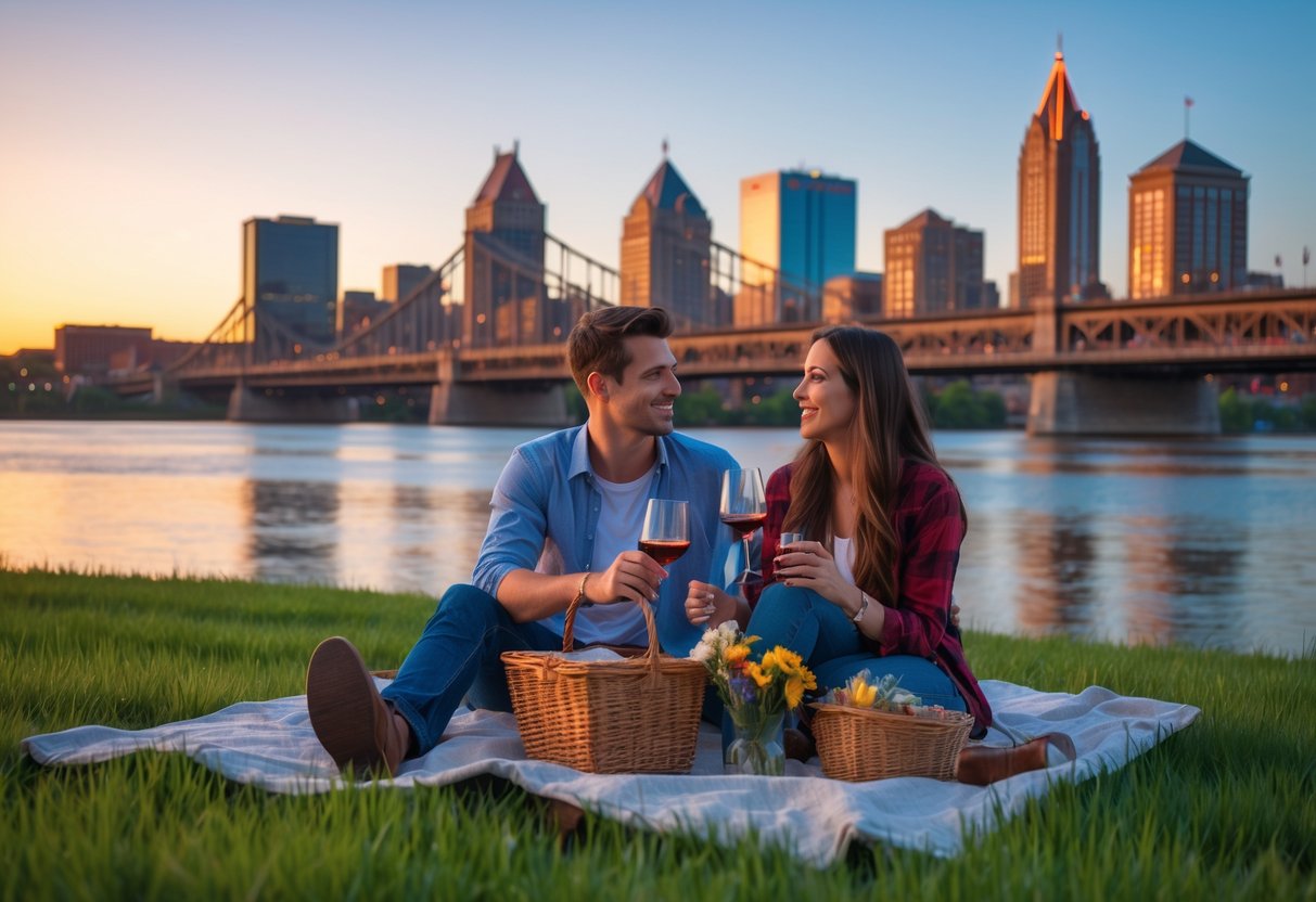A young couple enjoying a picnic near the Ohio River with the Cincinnati skyline visible at sunset.