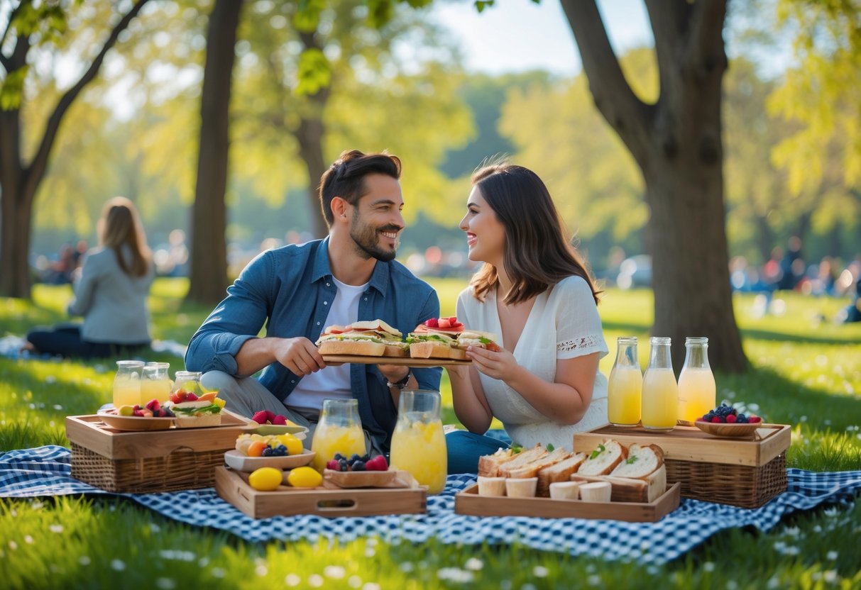 A couple enjoying a picnic with homemade snacks on a blanket in a sunny park surrounded by trees and flowers.